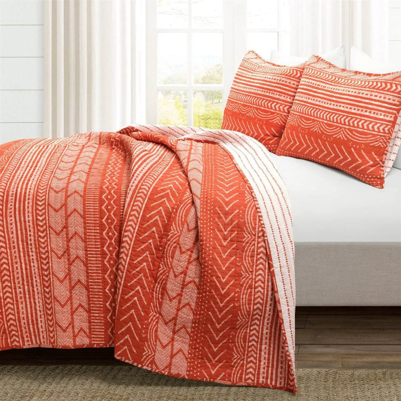 King size Scandinavian Chevron Orange White Stripe Reversible Cotton Quilt Set by HomePacific