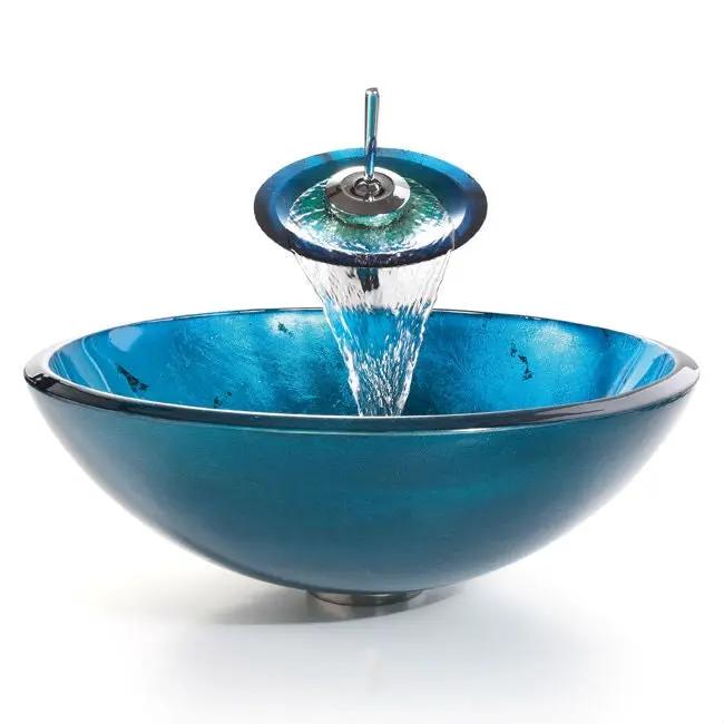 Round Blue Tempered Glass Vessel Bathroom Sink by HomePacific