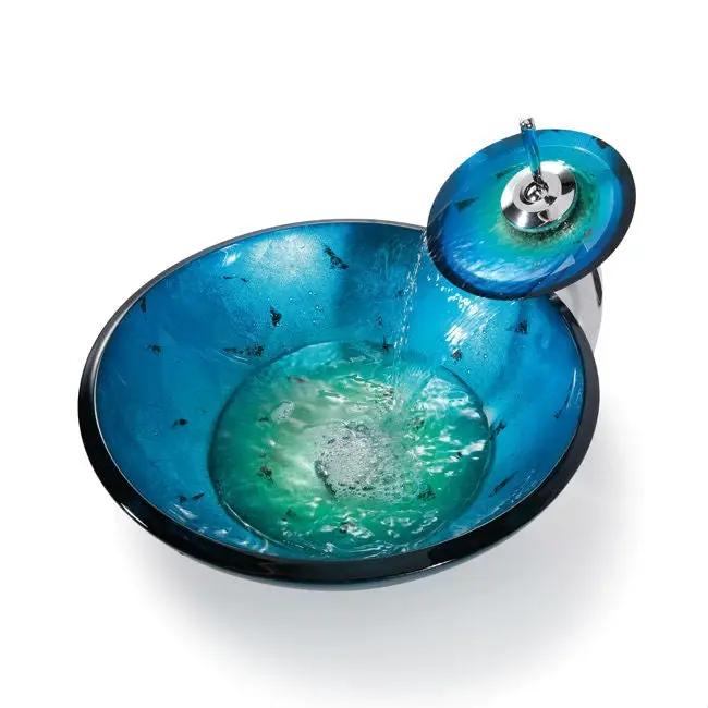 Round Blue Tempered Glass Vessel Bathroom Sink by HomePacific