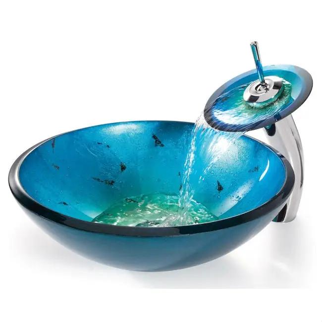 Round Blue Tempered Glass Vessel Bathroom Sink by HomePacific