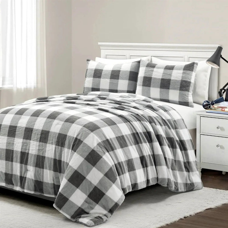 King Size Plaid Soft Faux Fur Comforter Set in Black White Grey by HomePacific