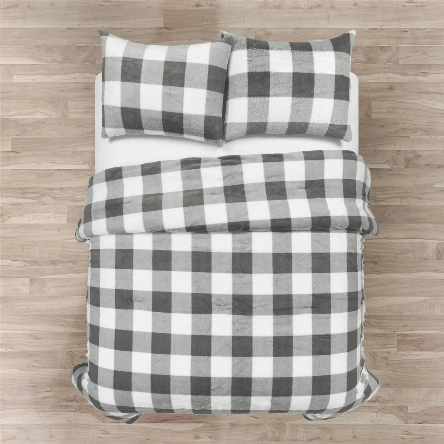 King Size Plaid Soft Faux Fur Comforter Set in Black White Grey by HomePacific