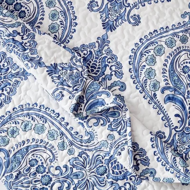 King Size Soft Microfiber Reversible Blue/White Baroque Floral Design Quilt Set by HomePacific
