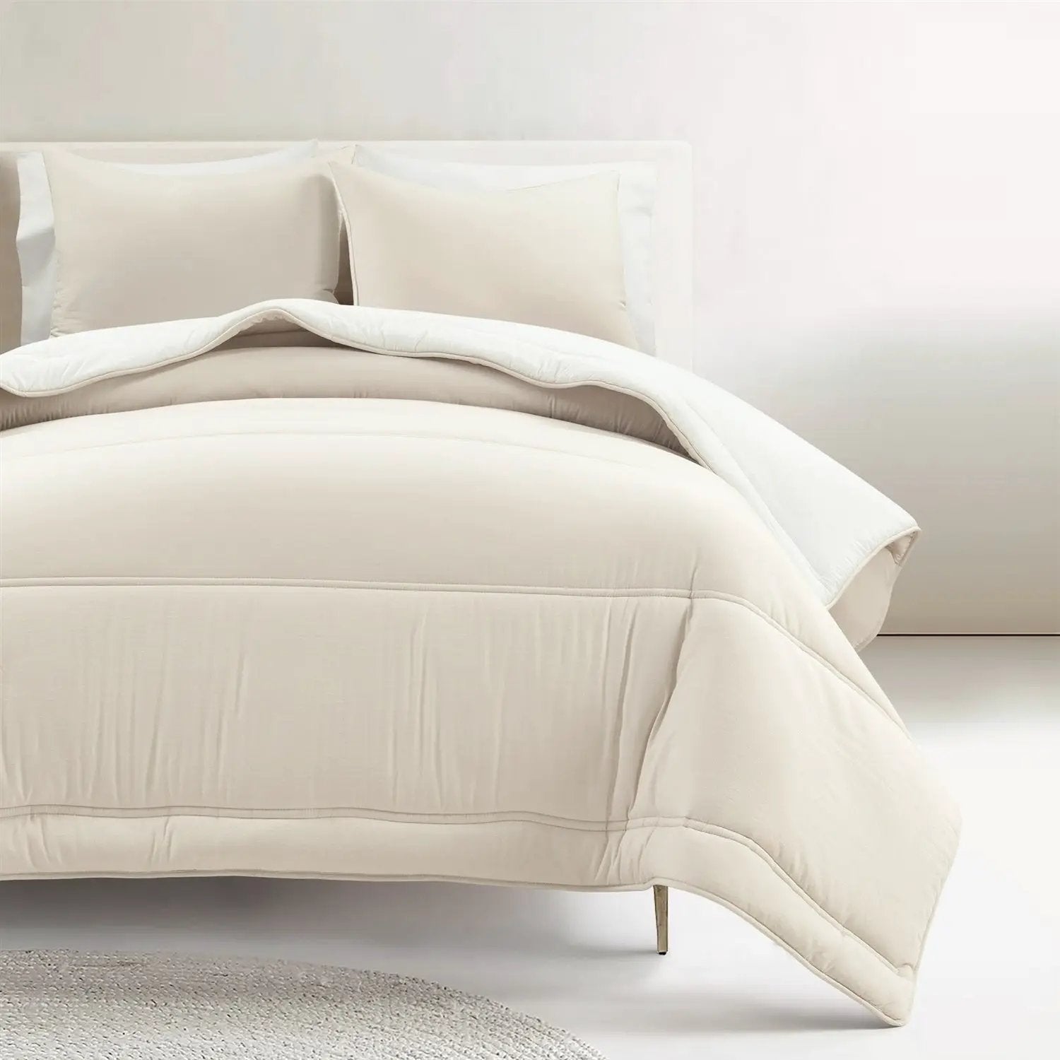 King/Cal King Soft Lightweight Reversible Quilted Comforter Set in White/Beige by HomePacific