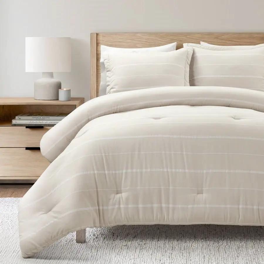 King/California King Beige Off-White Stripe Lightweight 3-Piece Comforter Set by HomePacific