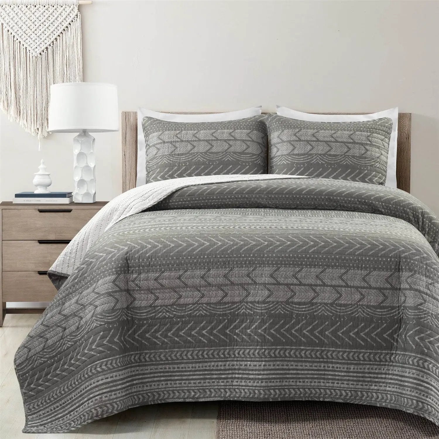 King Size Scandinavian Dark Grey Chevron Stripe Reversible Cotton Quilt Set by HomePacific