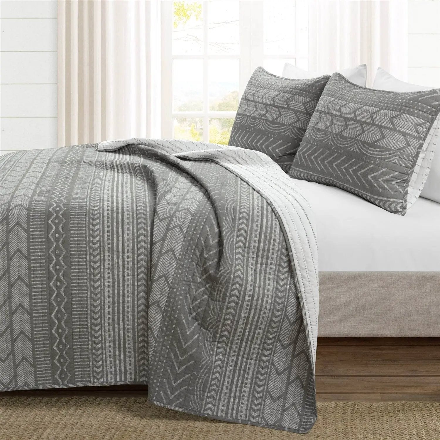 King Size Scandinavian Dark Grey Chevron Stripe Reversible Cotton Quilt Set by HomePacific