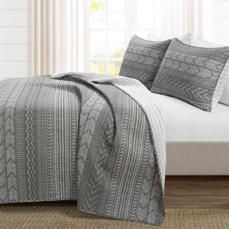King Size Scandinavian Dark Grey Chevron Stripe Reversible Cotton Quilt Set by HomePacific