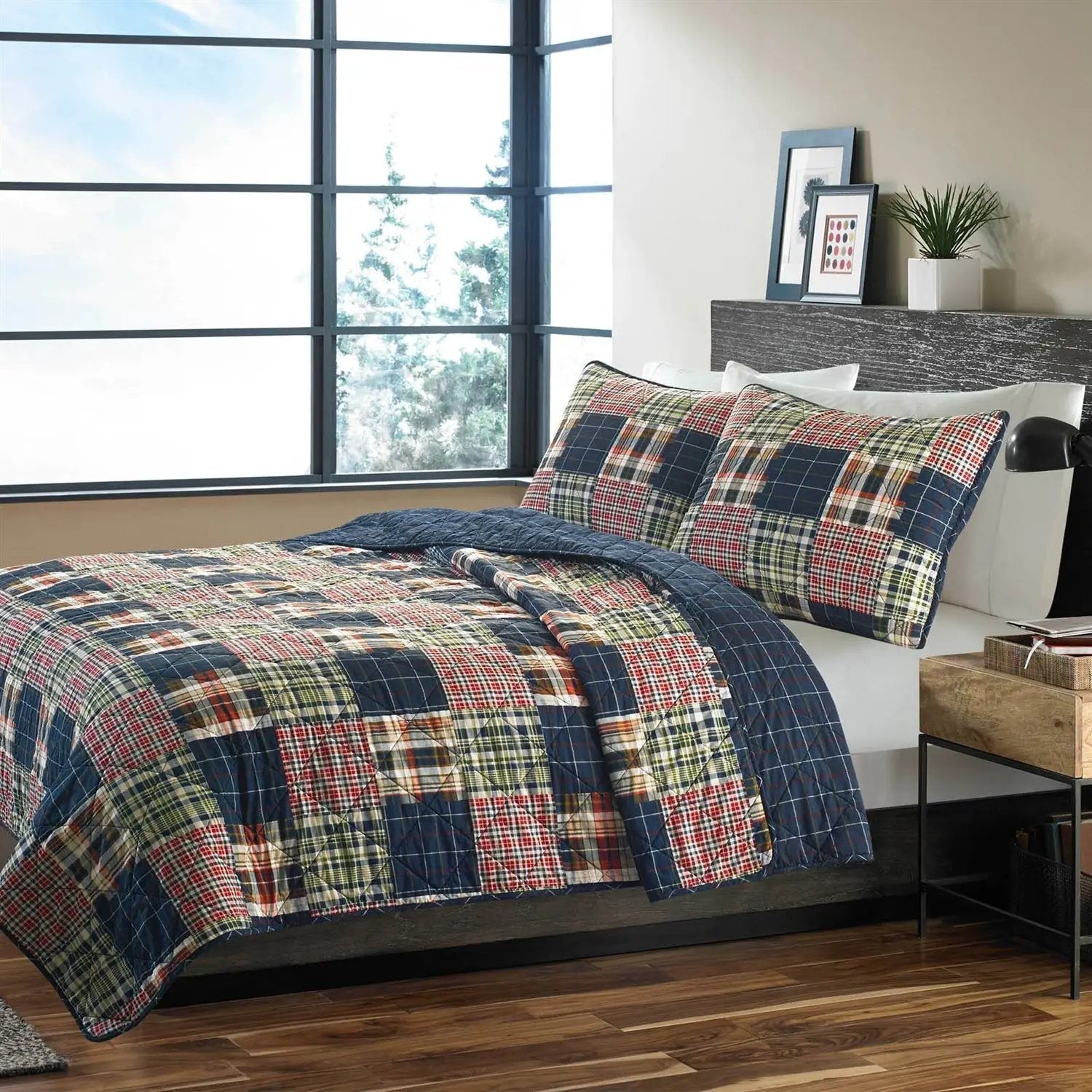 King size Farmhouse Red Navy Plaid 100-Percent Cotton Reversible Quilt Set by HomePacific