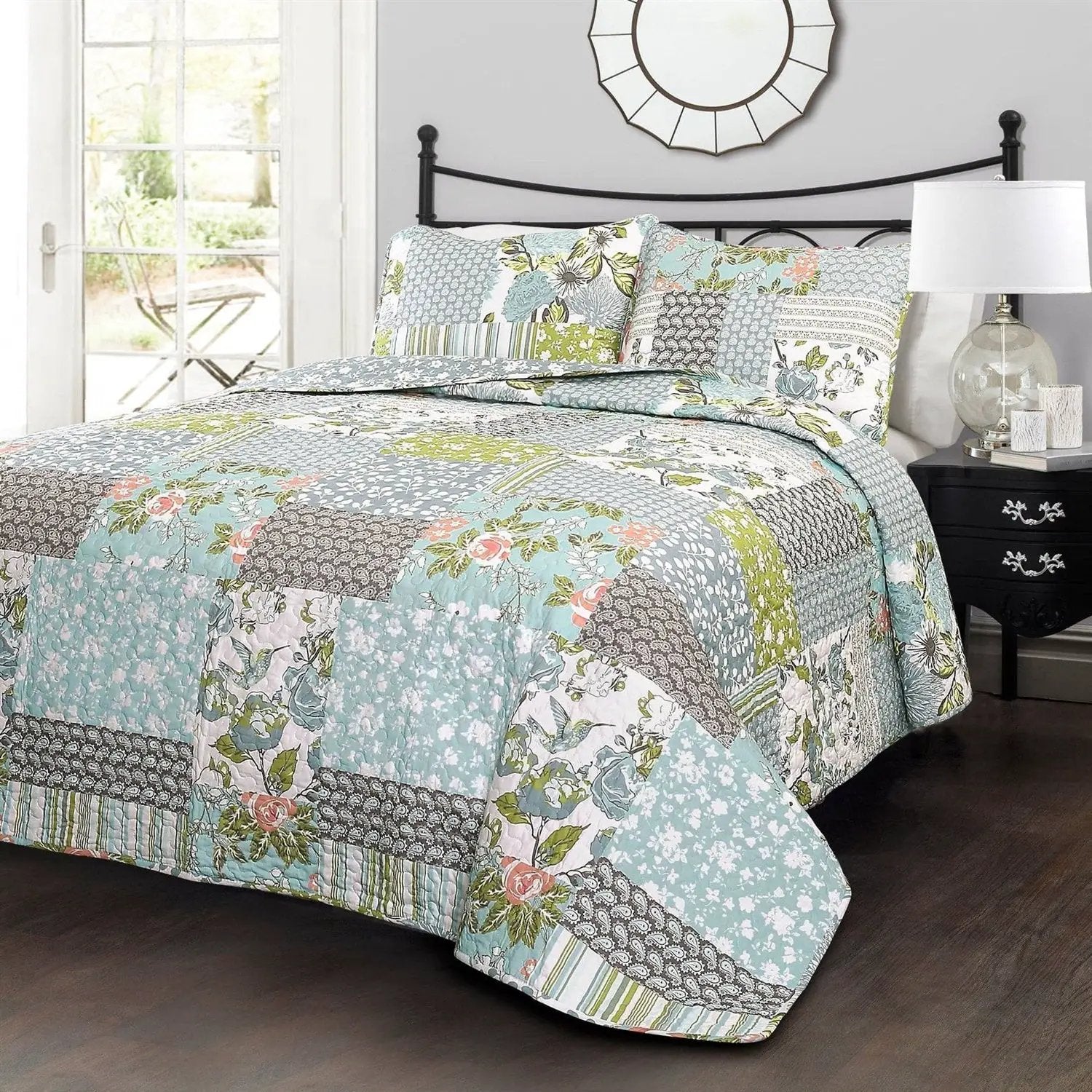 King Size Boho Floral Blue Cotton Lightweight Quilt Set by HomePacific