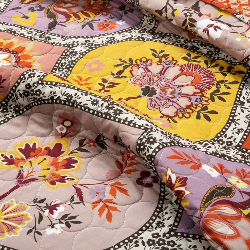 King size Boho Floral Lightweight Cotton Orange Mauve Yellow 3-Piece Quilt Set by HomePacific