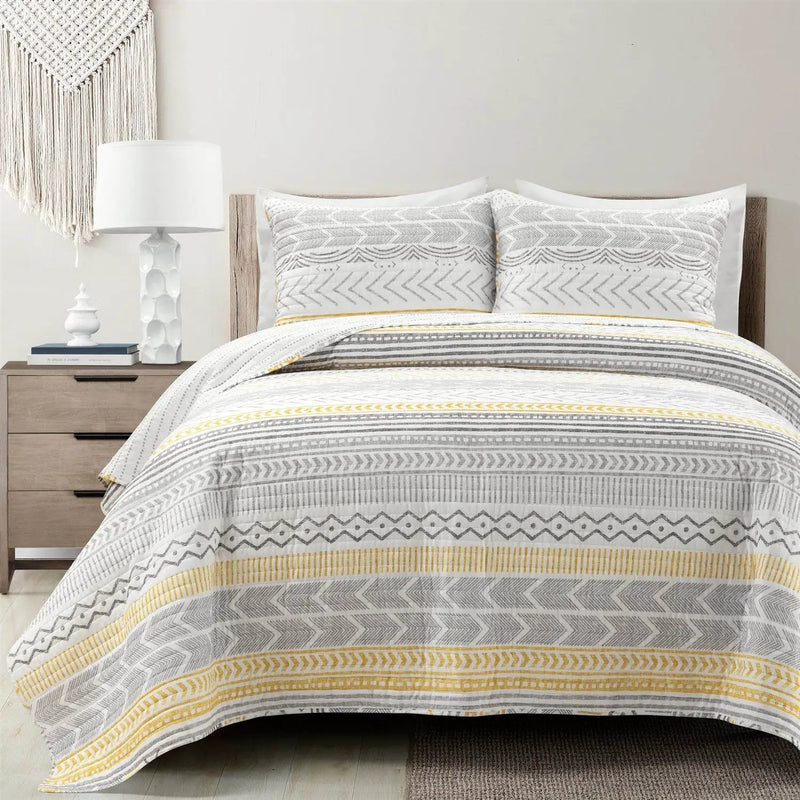 King Scandinavian Grey/Yellow/White Chevron Stripe Reversible Cotton Quilt Set by HomePacific