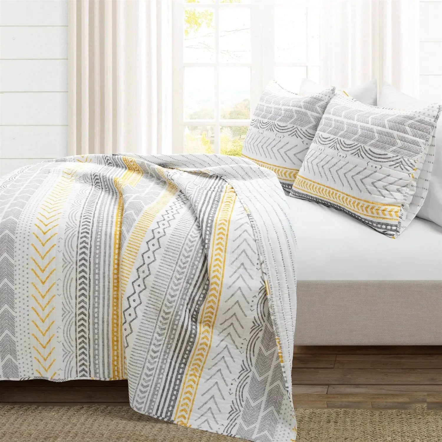 King Scandinavian Grey/Yellow/White Chevron Stripe Reversible Cotton Quilt Set by HomePacific