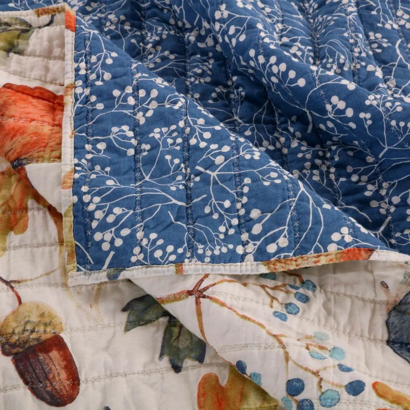 King 3 Piece Blue Beige Birds Animals Floral Microfiber Reversible Quilt Set by HomePacific