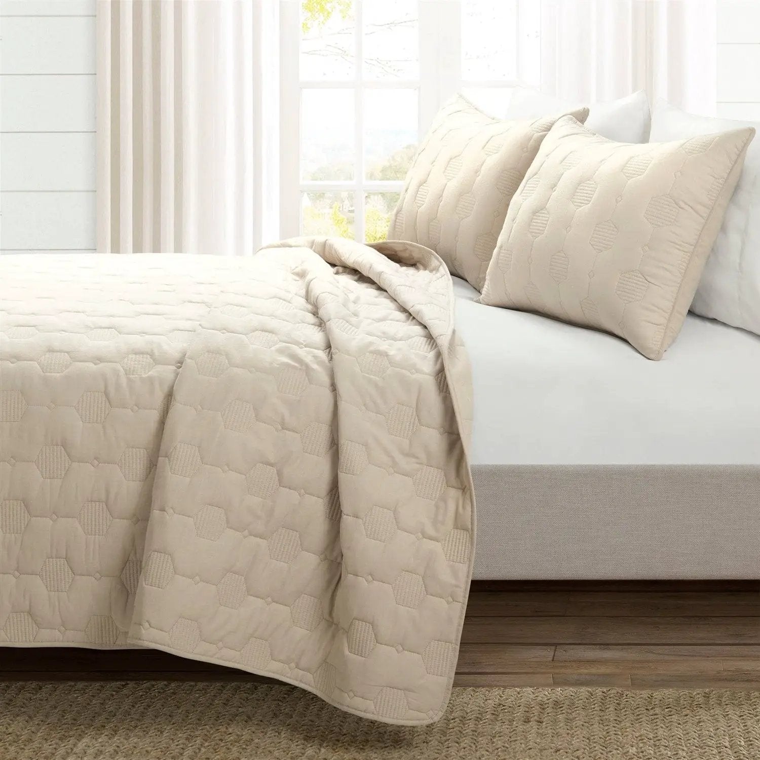 King/California King size Lightweight Beige Textured Cotton 3 Piece Quilt Set by HomePacific