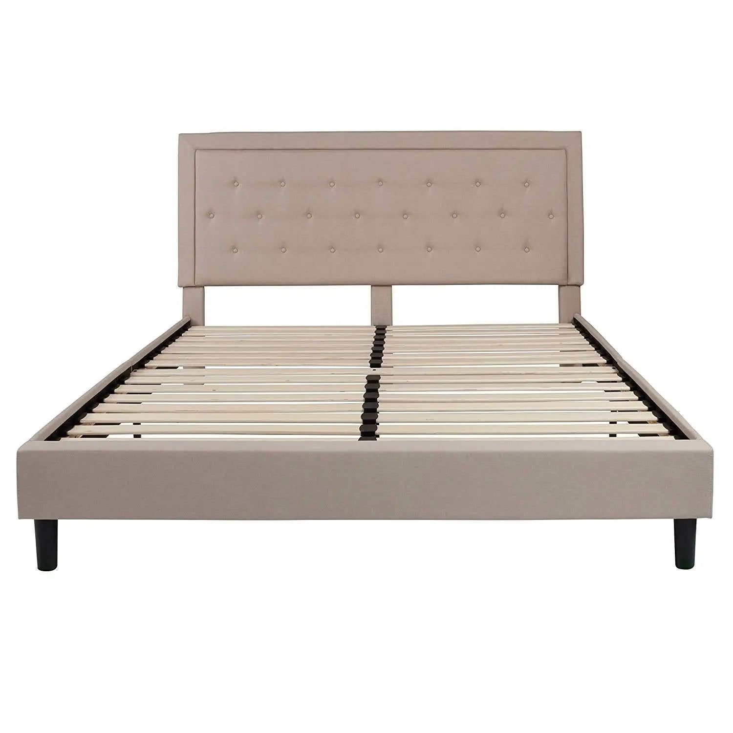 King Beige Upholstered Platform Bed Frame with Button Tufted Headboard by HomePacific