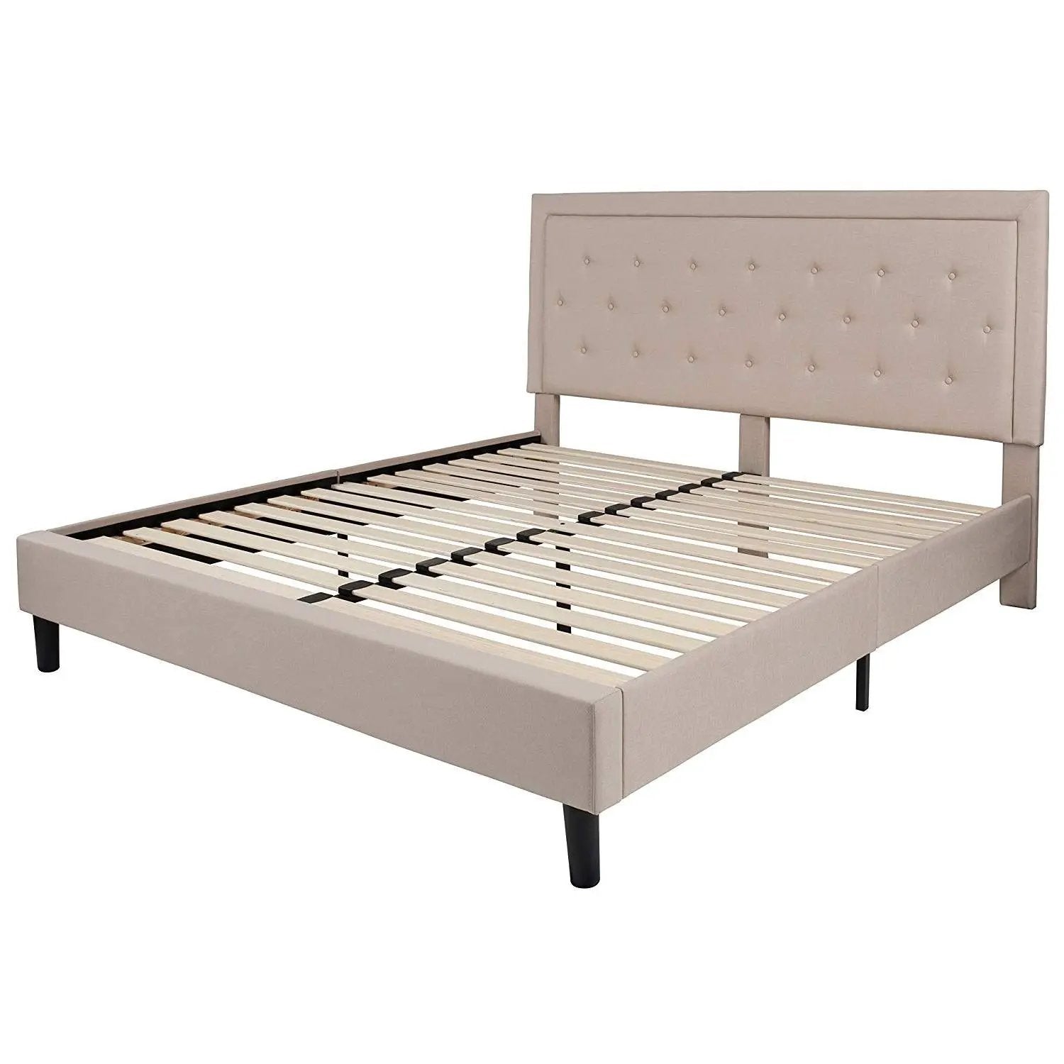 King Beige Upholstered Platform Bed Frame with Button Tufted Headboard by HomePacific
