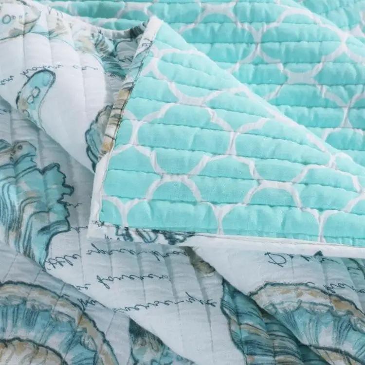 King size Coastal Seashells 3 Piece White Teal Polyester Reversible Quilt Set by HomePacific