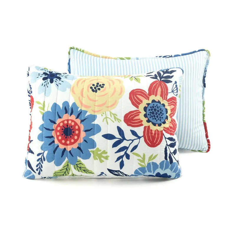 King size Lightweight Floral Navy Blue Coral White 3-Piece Polyester Quilt Set by HomePacific