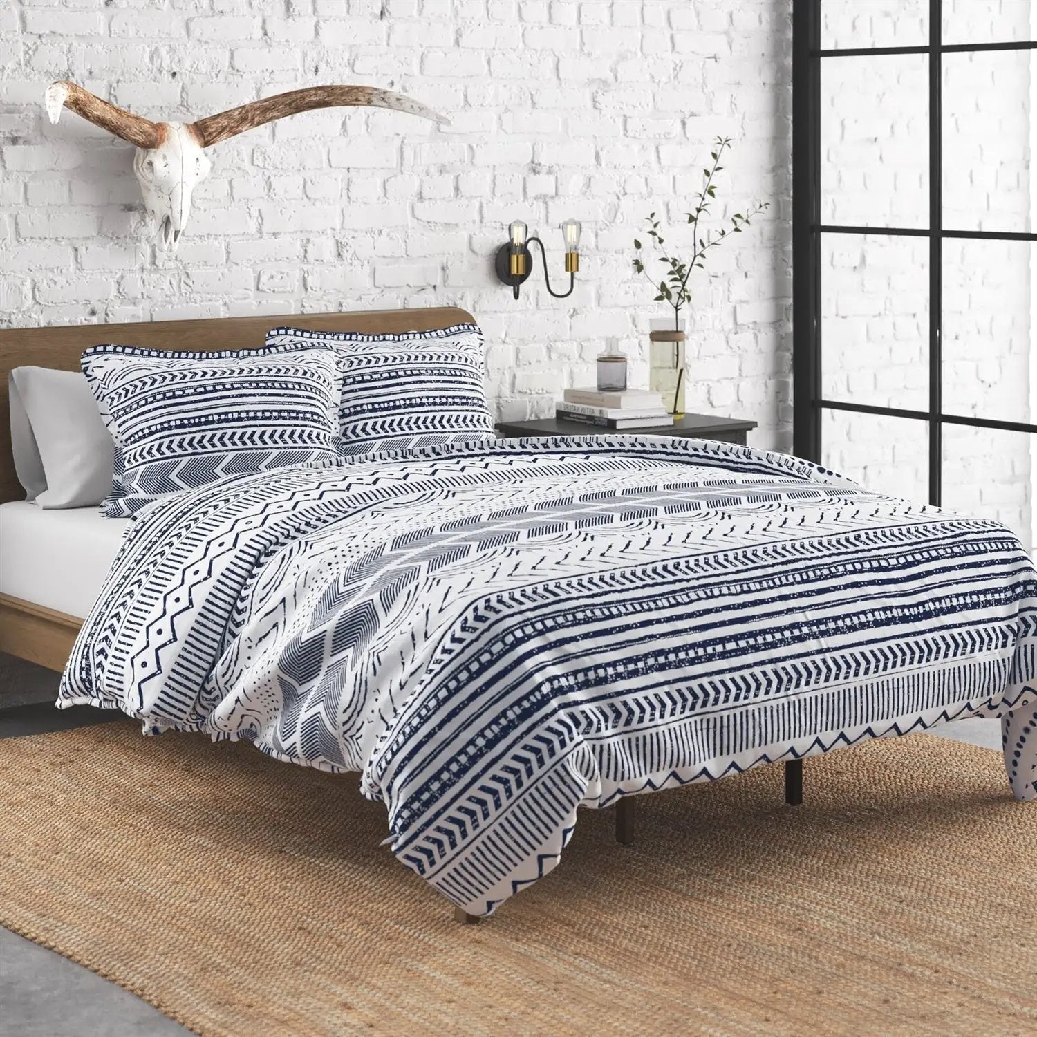 3 Piece Scandinavian Blue White Reversible Cotton Set in King by HomePacific