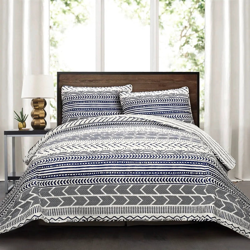 3 Piece Scandinavian Blue White Reversible Cotton Set in King by HomePacific