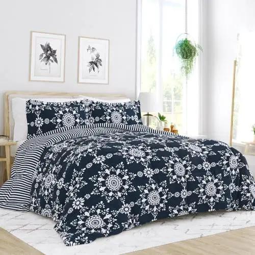 King size 3-Piece Navy Blue White Reversible Floral Striped Comforter Set by HomePacific