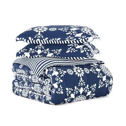 King size 3-Piece Navy Blue White Reversible Floral Striped Comforter Set by HomePacific
