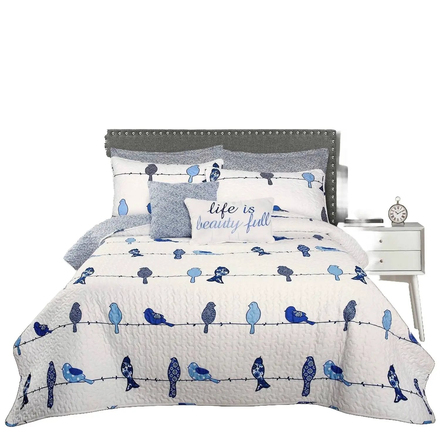 King size Blue White Navy Floral Birds On Wire Lightweight 7 Piece Quilt Set by HomePacific