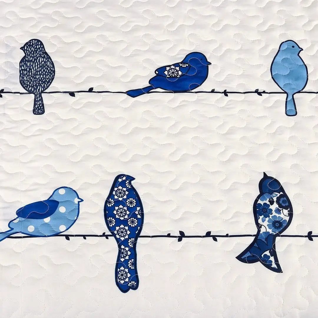 King size Blue White Navy Floral Birds On Wire Lightweight 7 Piece Quilt Set by HomePacific