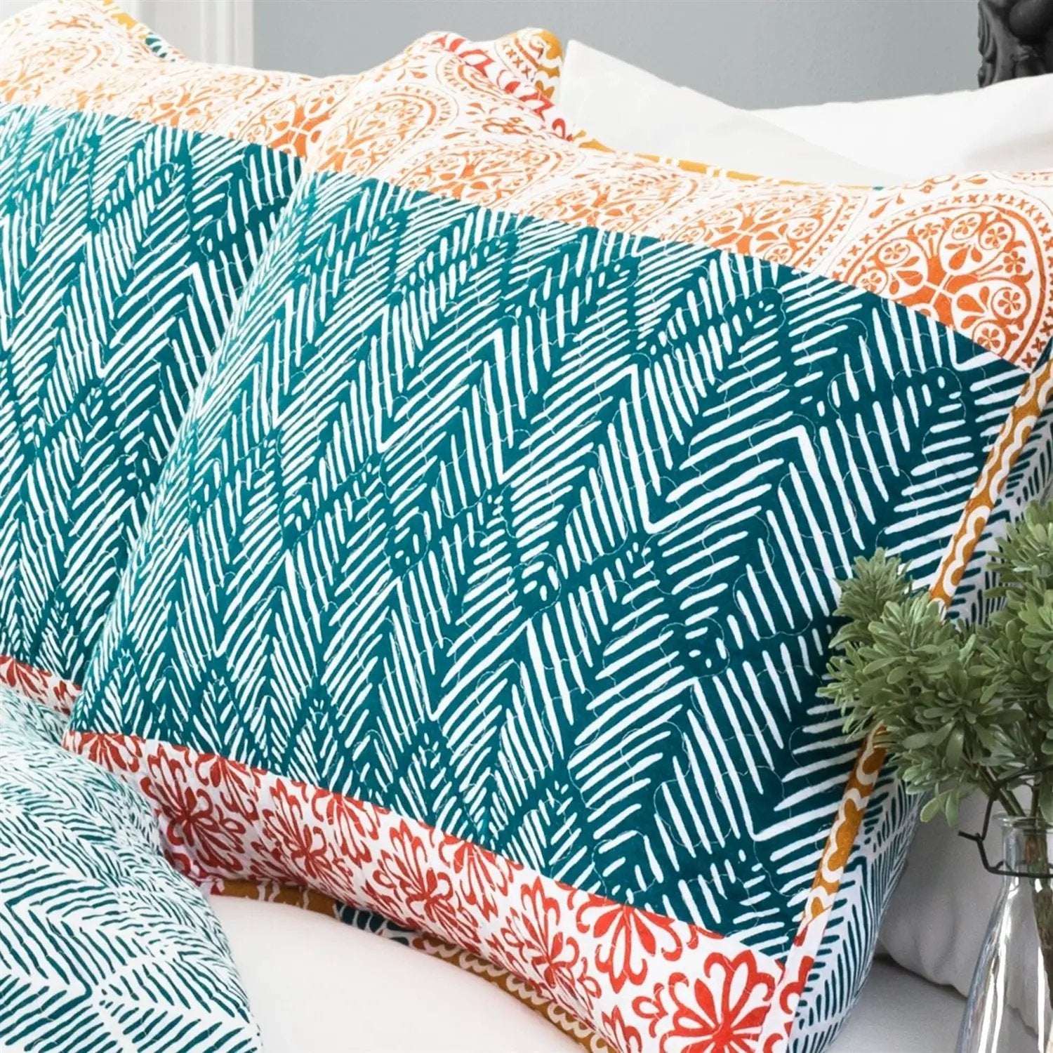 King size Cotton 3 Piece Reversible Teal Orange Bohemian Stripe Quilt Set by HomePacific