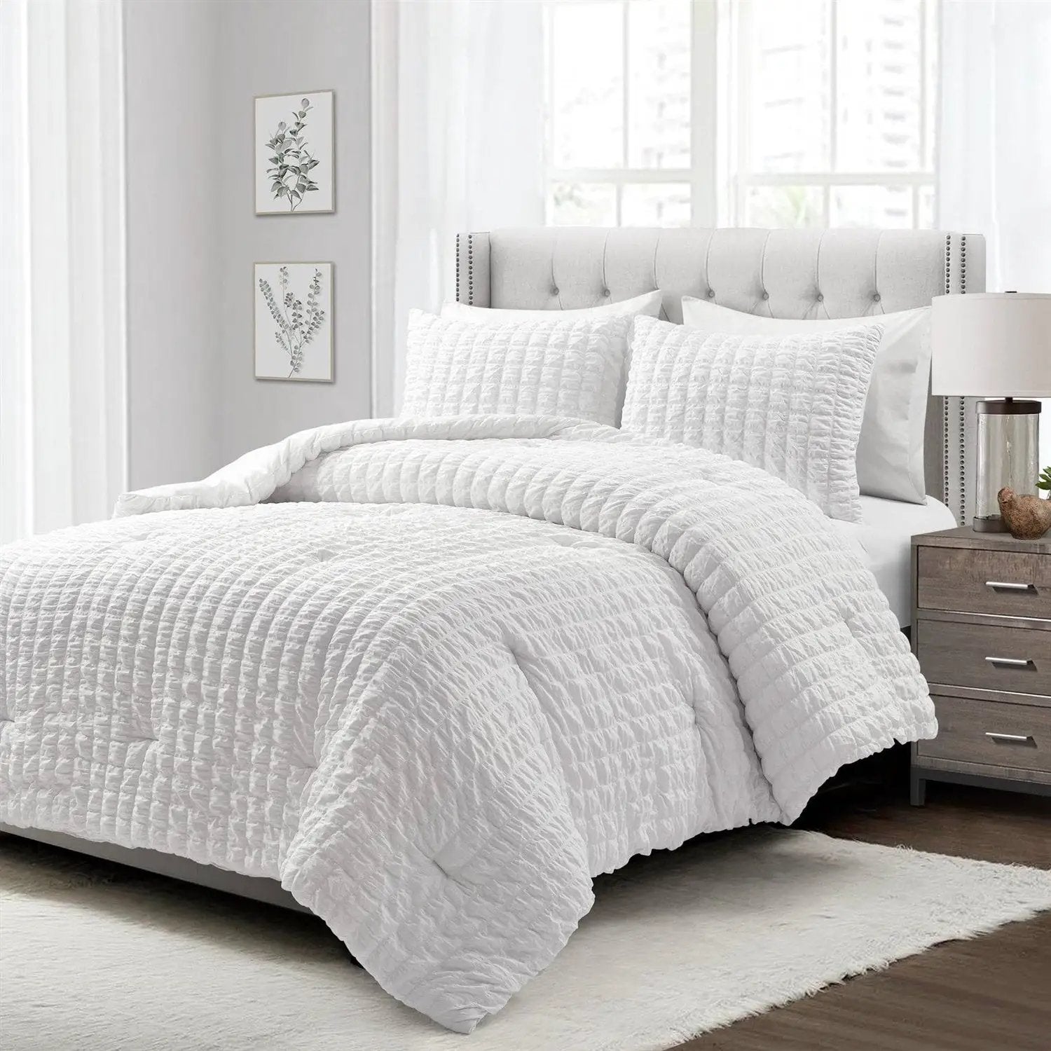 King Size Crinkled Textured 3 Piece Comforter Set White by HomePacific