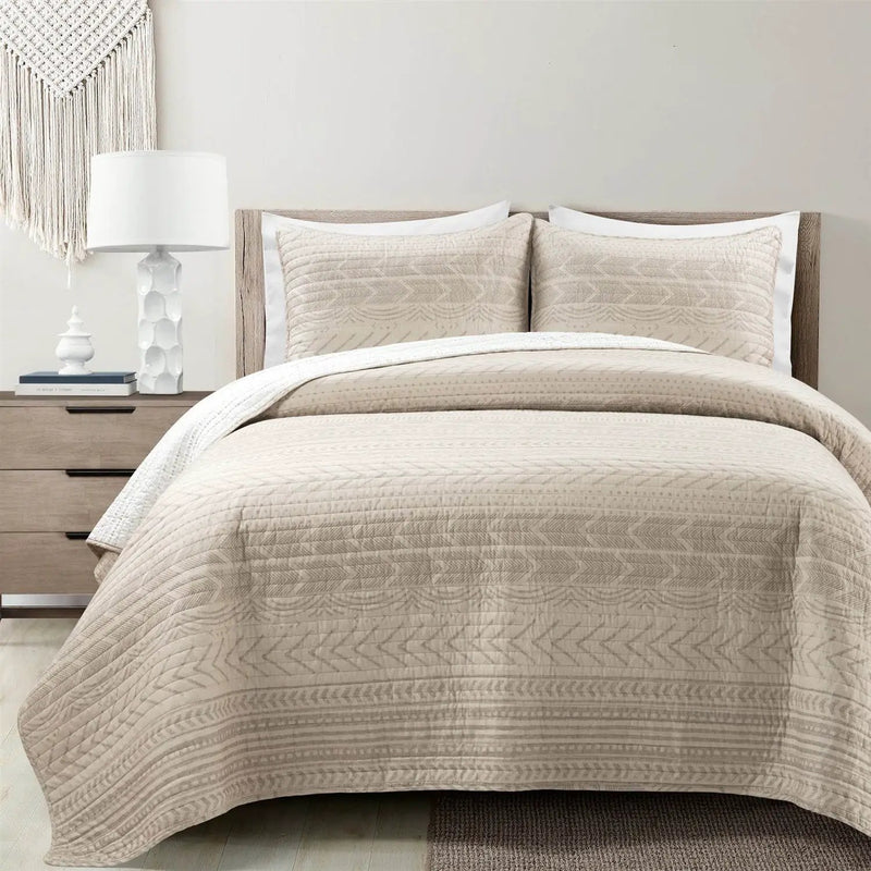 King Scandinavian Chevron Beige Tan White Reversible Cotton Quilt Set by HomePacific