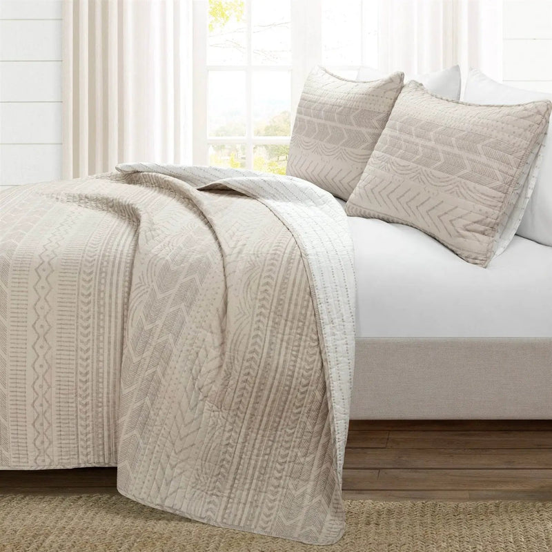 King Scandinavian Chevron Beige Tan White Reversible Cotton Quilt Set by HomePacific