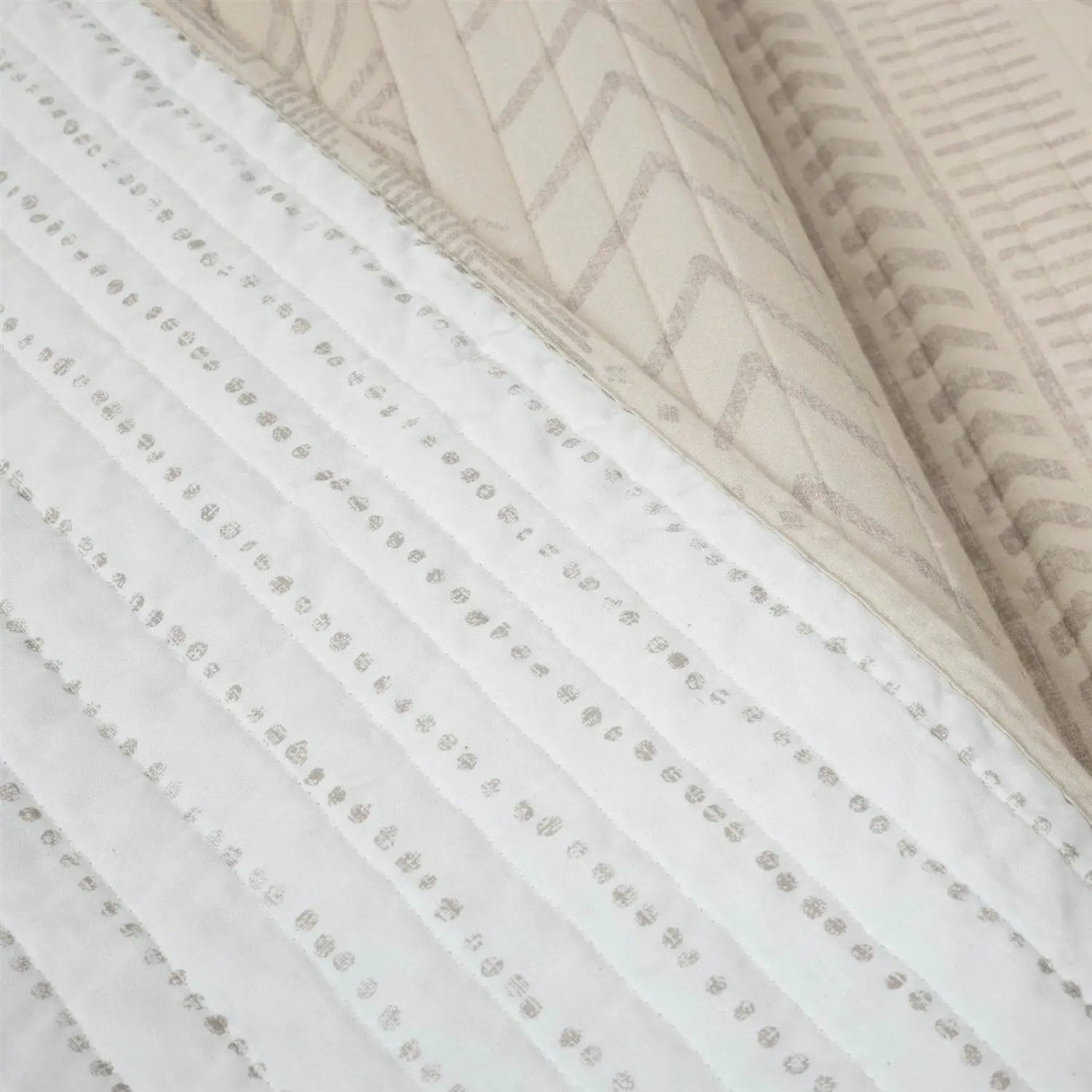 King Scandinavian Chevron Beige Tan White Reversible Cotton Quilt Set by HomePacific