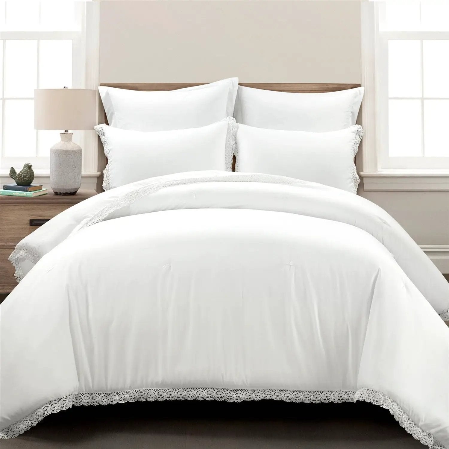 King size White 5-Piece Lightweight Polyester Comforter Set with Lace Trim by HomePacific