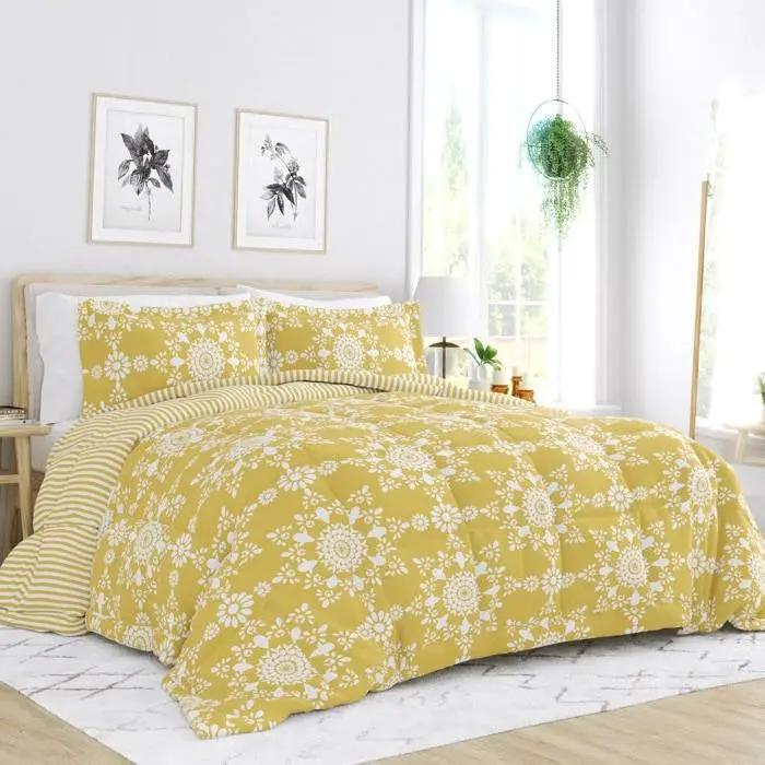 King Size 3 Piece Yellow Reversible Daisy Medallion Stripped Comforter Set by HomePacific