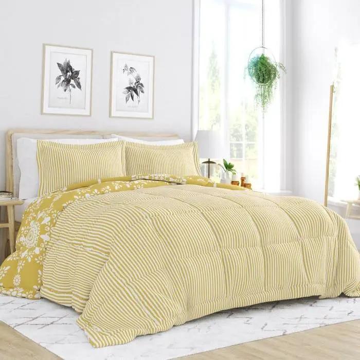 King Size 3 Piece Yellow Reversible Daisy Medallion Stripped Comforter Set by HomePacific