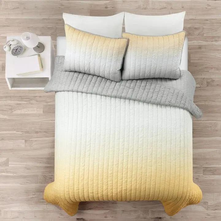 King size Yellow Orange Grey Lightweight Crinkle Fabric 3 Piece Quilt Set by HomePacific