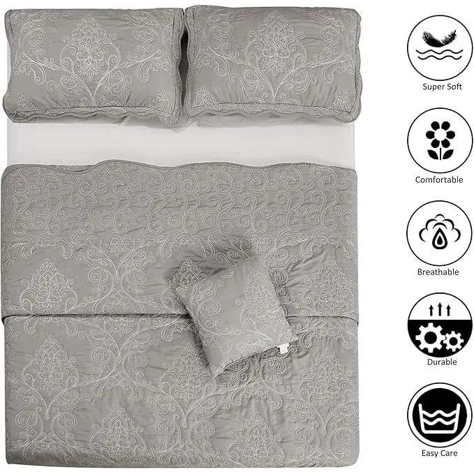 King size Ash Grey Damask Embroidered 4 Piece Oversized Bedspread Set by HomePacific