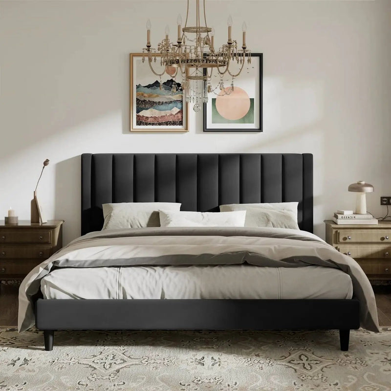 King size Black Velvet Upholstered Platform Bed Frame with Headboard by HomePacific