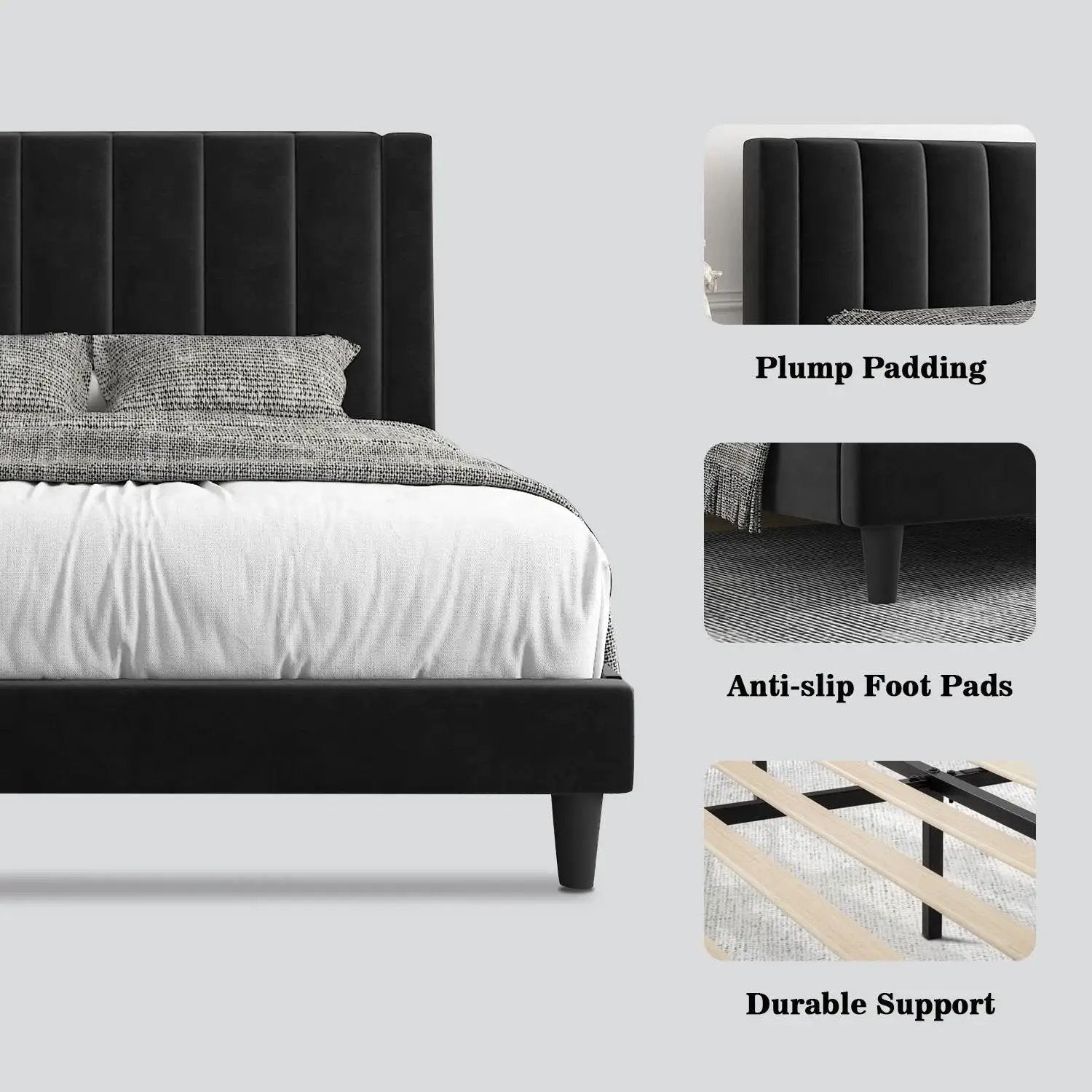 King size Black Velvet Upholstered Platform Bed Frame with Headboard by HomePacific