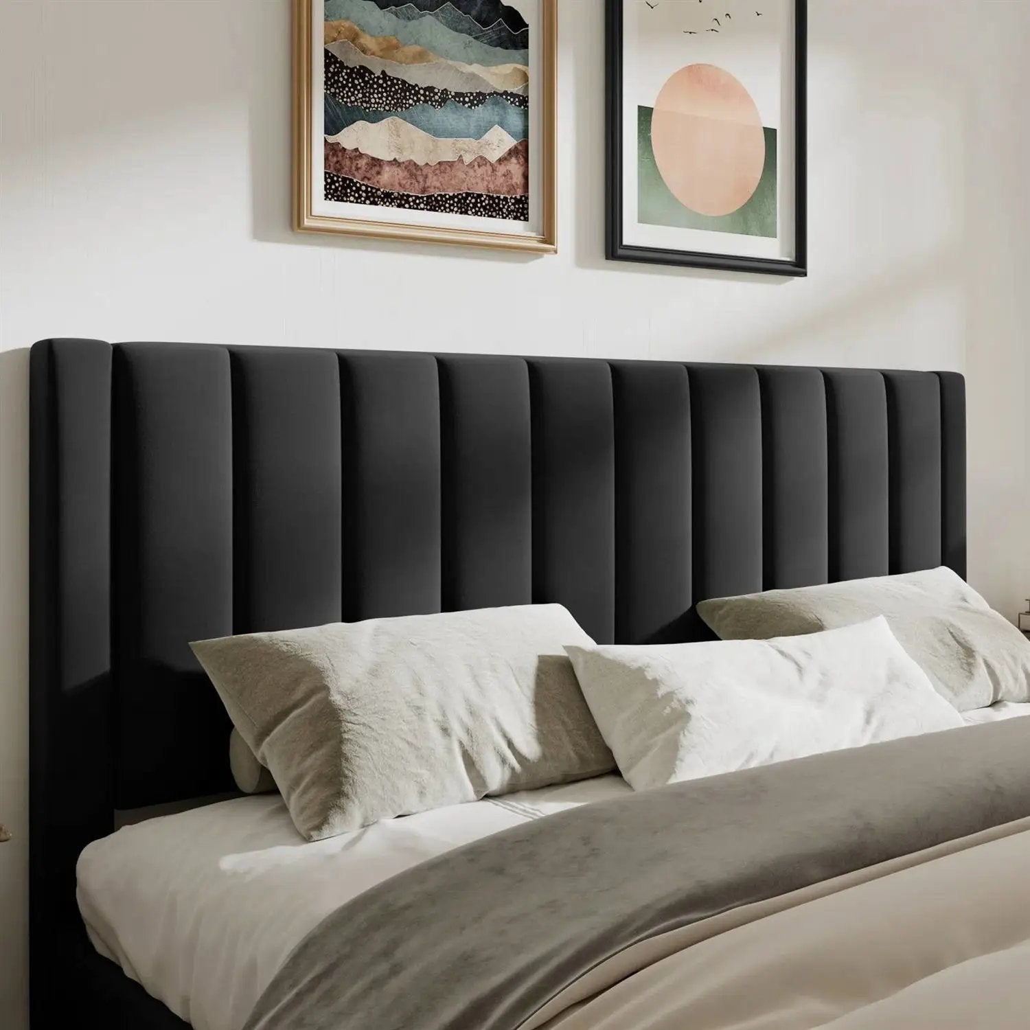 King size Modern Black Velvet Upholstered Platform Bed with Headboard by HomePacific