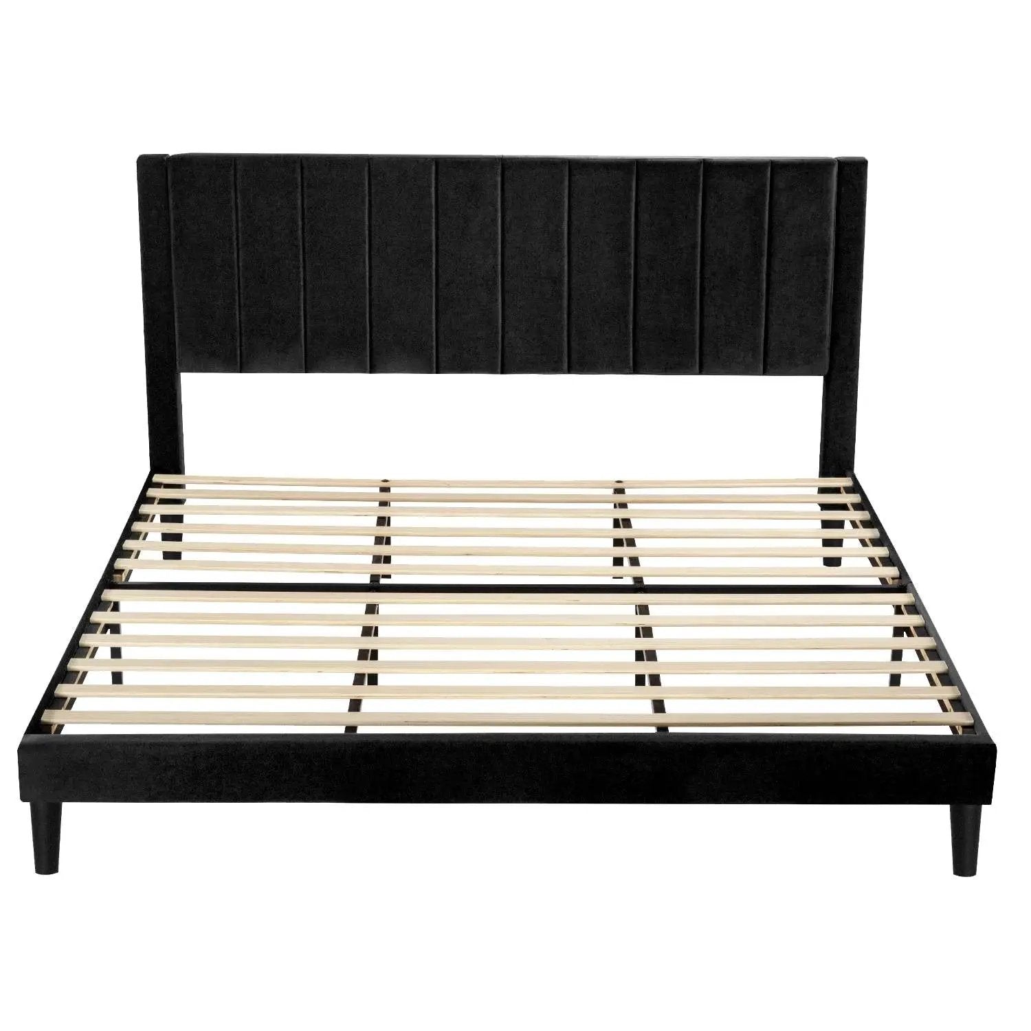 King size Modern Black Velvet Upholstered Platform Bed with Headboard by HomePacific