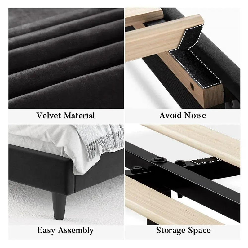 King size Modern Black Velvet Upholstered Platform Bed with Headboard by HomePacific