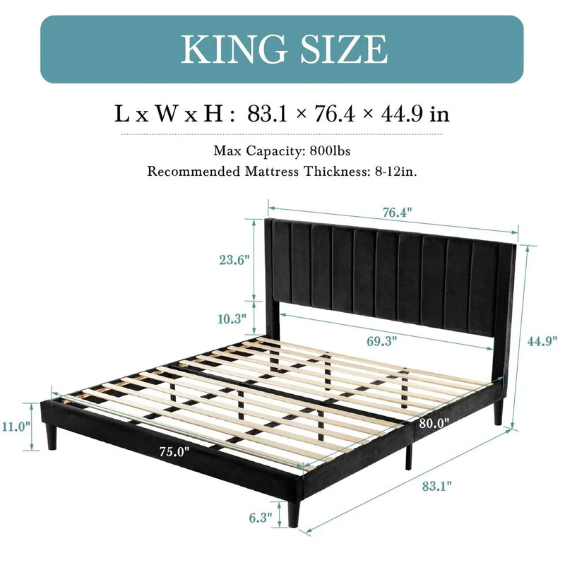 King size Modern Black Velvet Upholstered Platform Bed with Headboard by HomePacific
