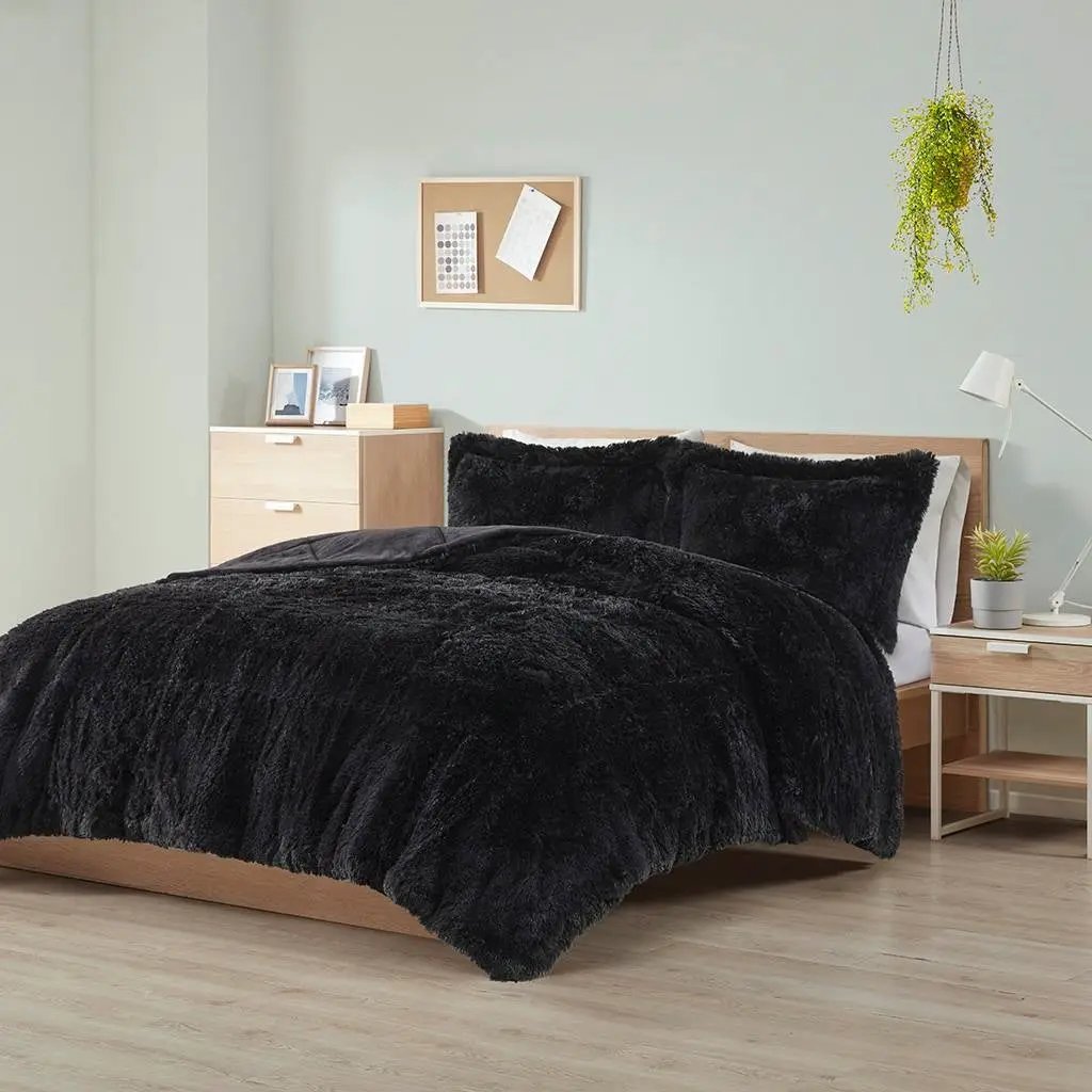 King/CAL King Black Soft Sherpa Faux Fur 3-Piece Comforter Set with Pillow Shams by HomePacific