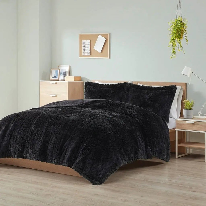 King/CAL King Black Soft Sherpa Faux Fur 3-Piece Comforter Set with Pillow Shams by HomePacific