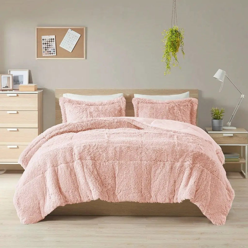 King/CAL King Pink Blush Soft Sherpa Faux Fur 3-Piece Comforter Set with Shams by HomePacific