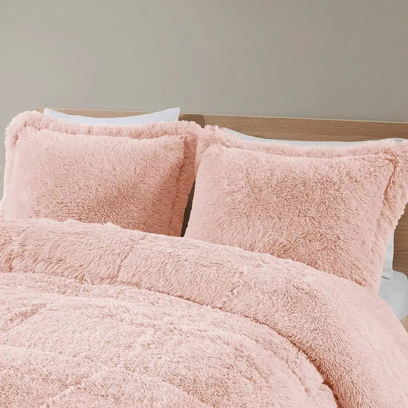 King/CAL King Pink Blush Soft Sherpa Faux Fur 3-Piece Comforter Set with Shams by HomePacific