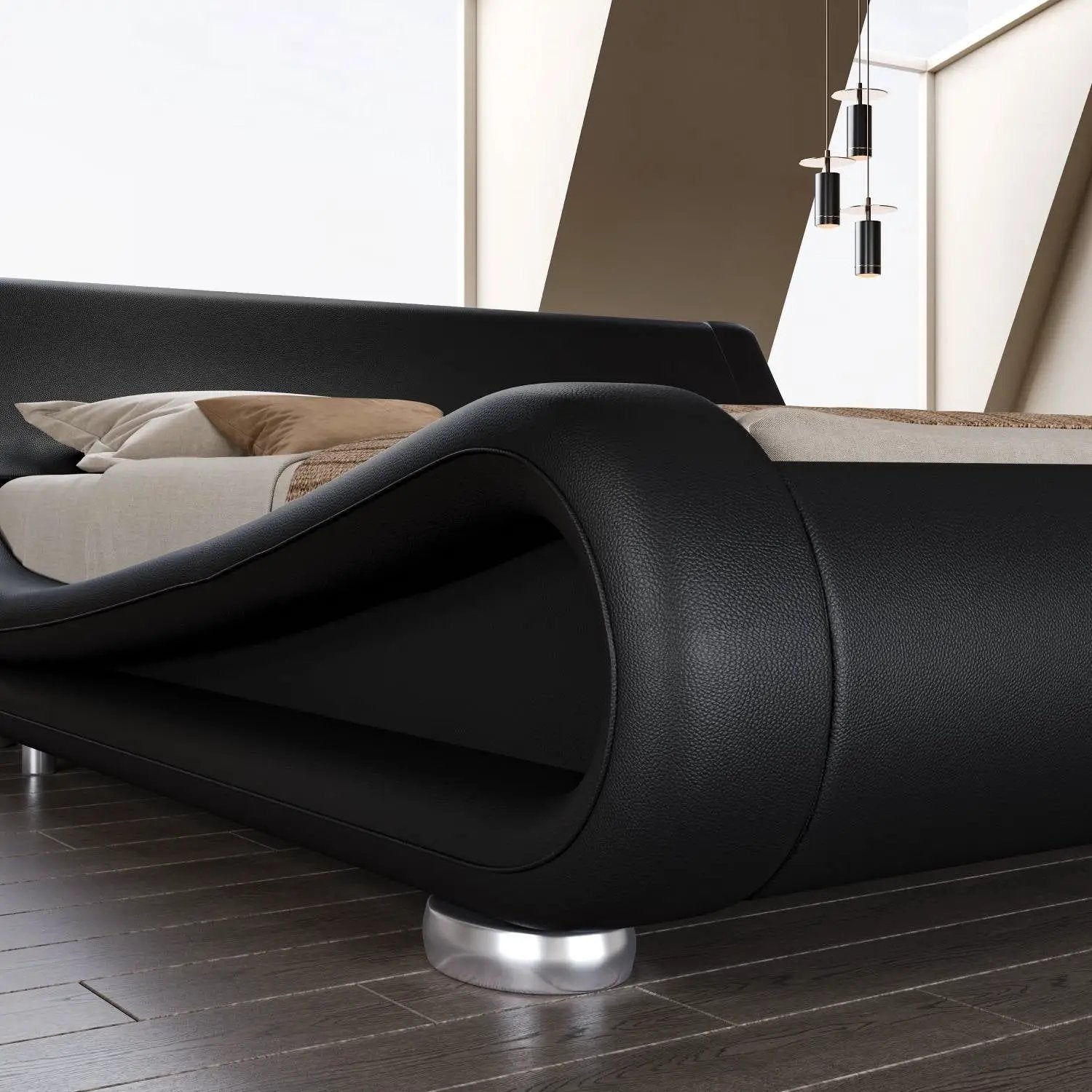 King Modern Black Upholstered Platform Bed Frame with Sleigh Curved Headboard by HomePacific